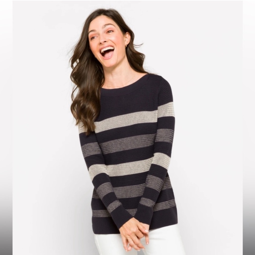 Market & Spruce > Navy Striped Boat Neck Sweater Medium